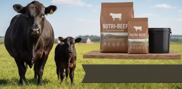 Fotografía de dos ejemplares de bovino en el pasto al aire libre junto a dos costales de comida color café.