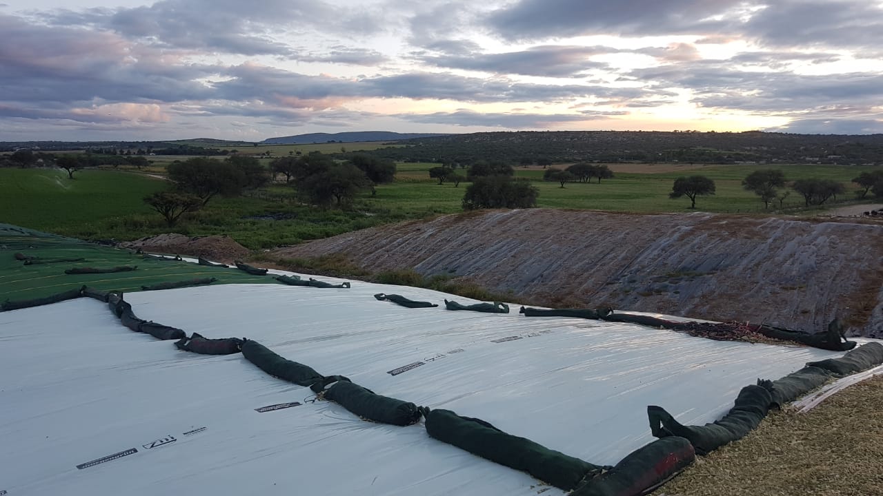 Fotografía desde arriba de un plástico de color blanco y negro que se utiliza para cubiertas de silos.
