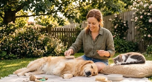 Cuidado de mascotas: fotografía de una mujer al aire libre en el pasto en compañía de su perro y su gato.