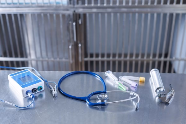 Fotografía de un estetoscopio a lado de otras herramientas de un veterinario sobre una mesa de metal.