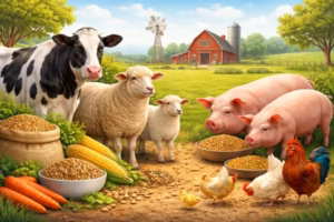 Nutrición animal: ilustración de cerditos, borregos, aves y una vaca alimentándose en una granja al aire libre.