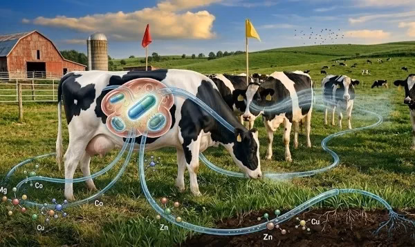Nutrición animal: ilustración de vacas color blanco con mancha color negro y en una de ellas se ve representación del bolo.