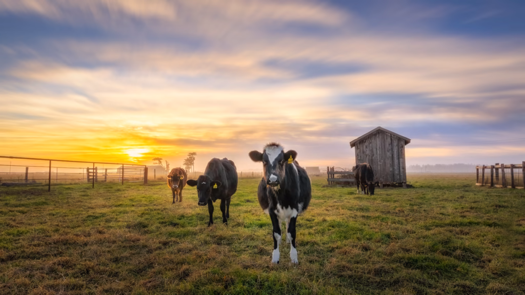 Qué se necesita para iniciar una granja: Fotografía de frente de vacas color blanco con negro en el pasto.