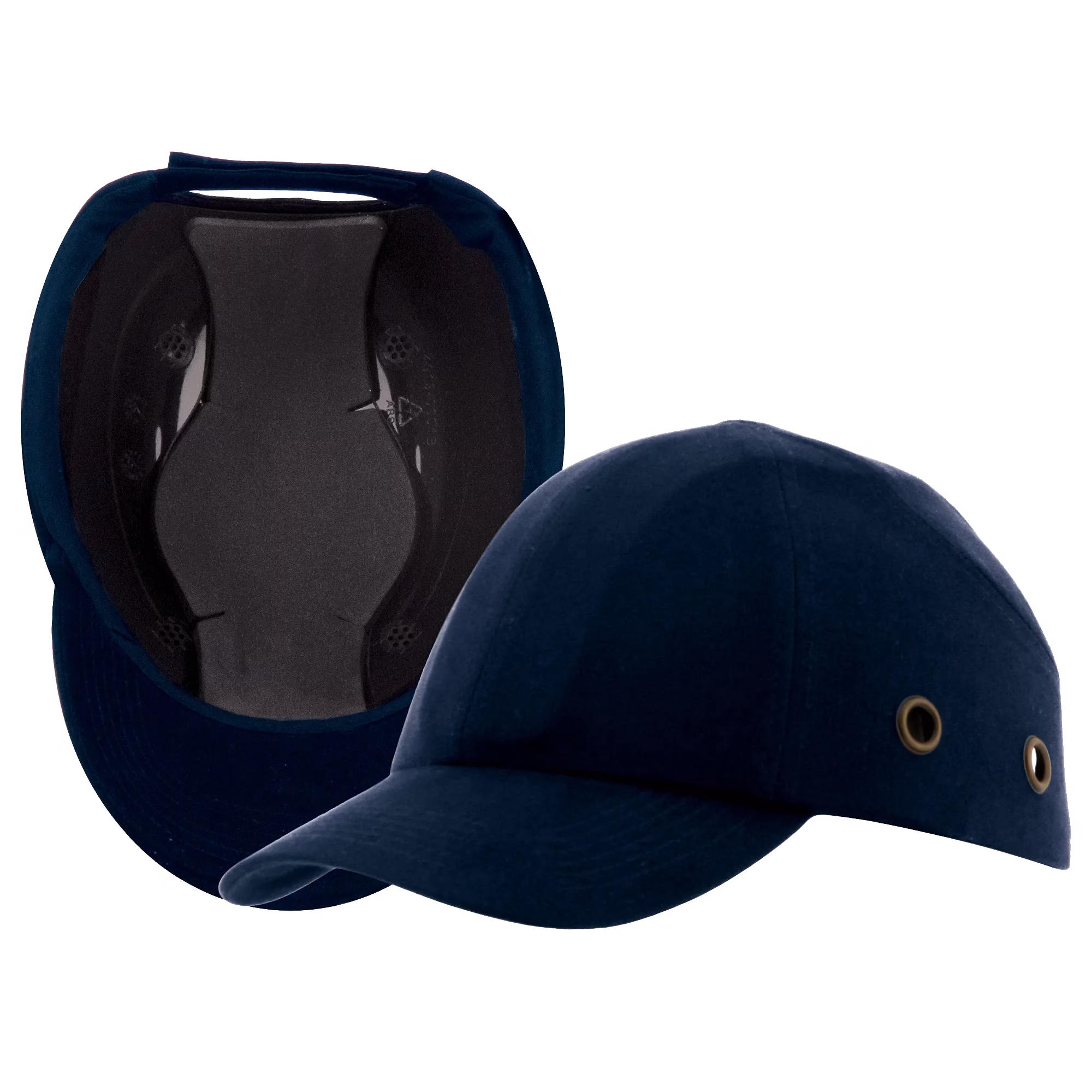 Fotografía de uno de los cascos de seguridad tipo gorra color azul marino de la marca Stock Industrial..