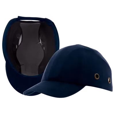 Cascos de seguridad: Fotografía del interior y de lado de un casco tipo gorra color azul marino en un fondo color blanco.