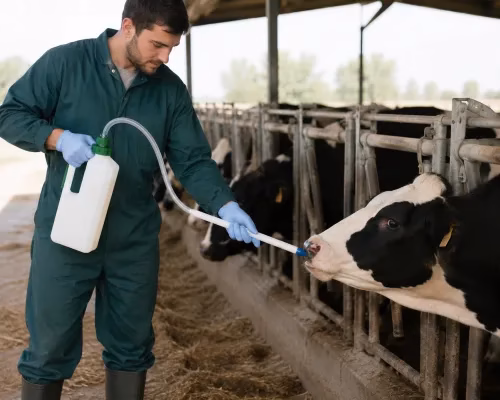 Instrumental veterinario: Fotografía de un hombre con overol color verde alimentando con una sonda a una vaca.