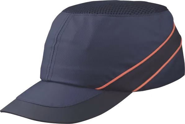 Cascos de seguridad: Fotografía de lado de un casco de seguridad tipo gorra color azul marino con dos líneas color rojo.