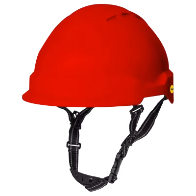 Venta de EPP: Fotografía de un casco de seguridad color rojo con cinta color negro en un fondo color blanco.