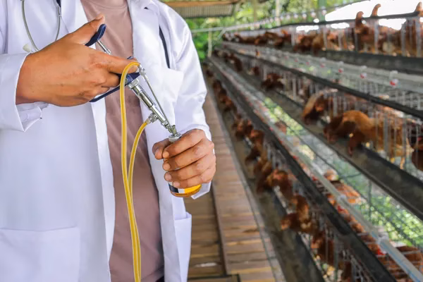 Vacunación de aves: Fotografía de una persona con bata color blanco preparando una jeringa y a lado corrales con gallinas.