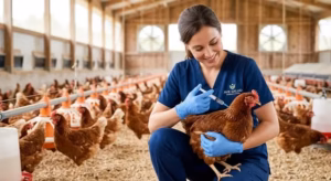 Vacunación de aves: Fotografía de una mujer con uniforme color azul inyectando a una gallina color café